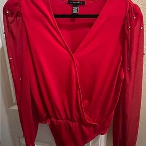 A Love Story Vibrant Red Bodysuit with Rhinestone Accents